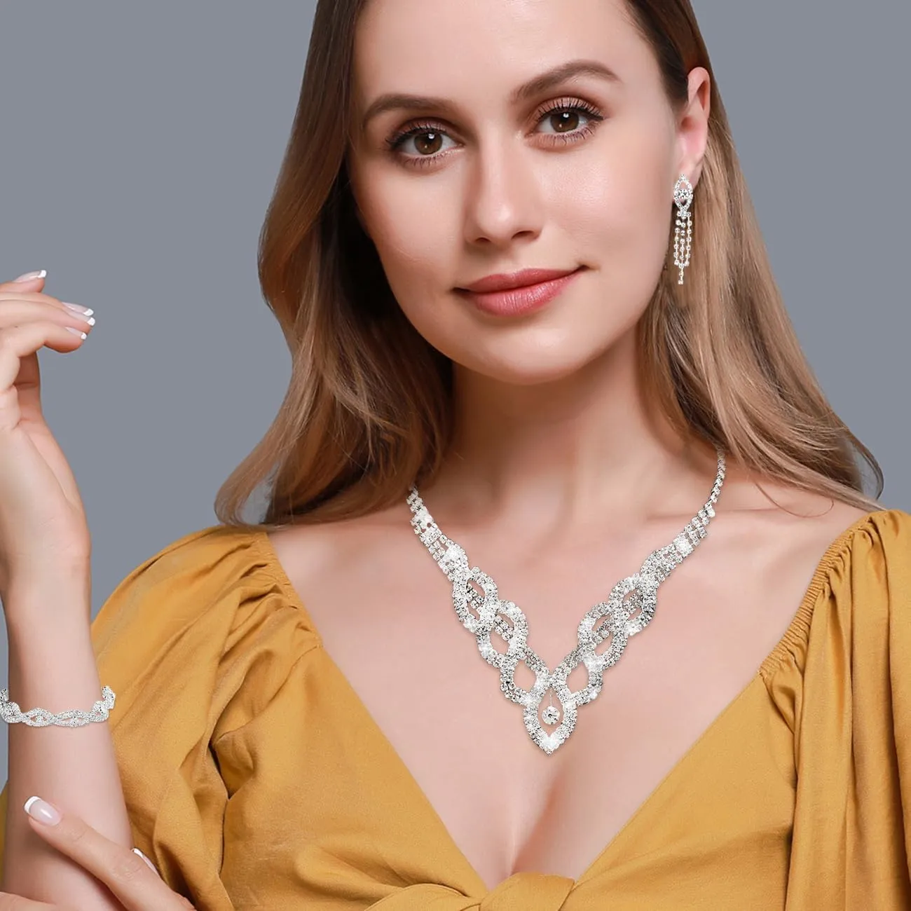 TOEECY Set di Gioielli da Sposa con Collana, Bracciale e Orecchini in Strass e Perle (#4) - immagine 7