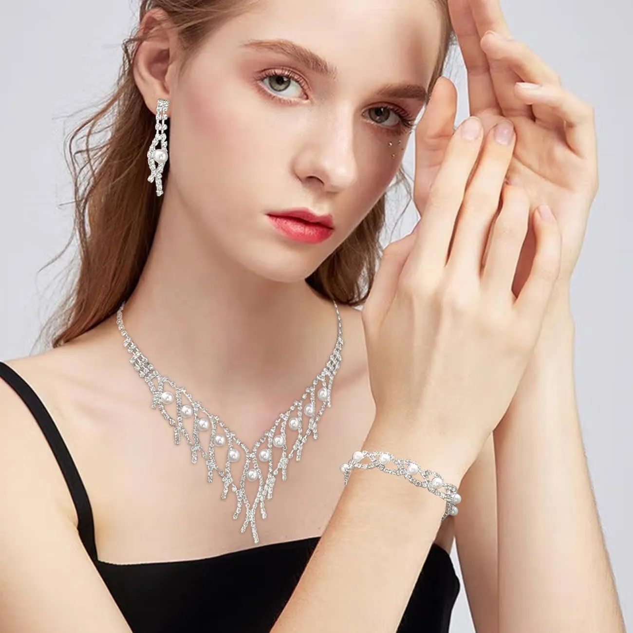 TOEECY Set di Gioielli da Sposa con Collana, Bracciale e Orecchini in Strass e Perle (#4) - immagine 8