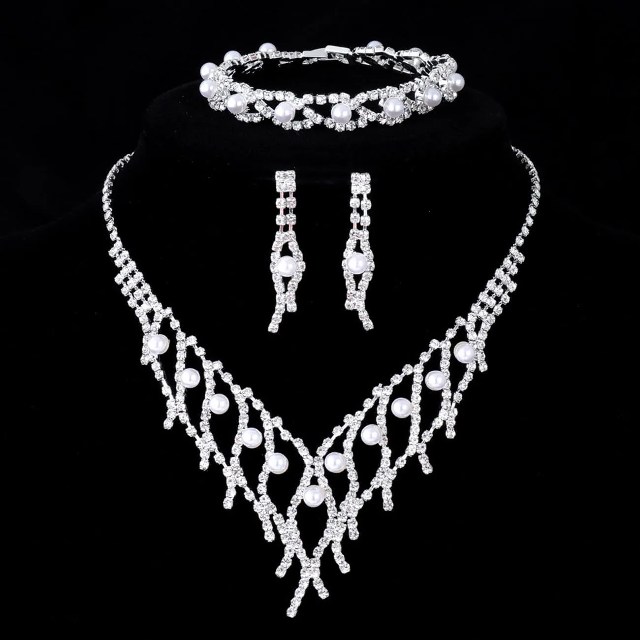 TOEECY Set di Gioielli da Sposa con Strass e Perle, Collana, Bracciale e Orecchini - immagine 3
