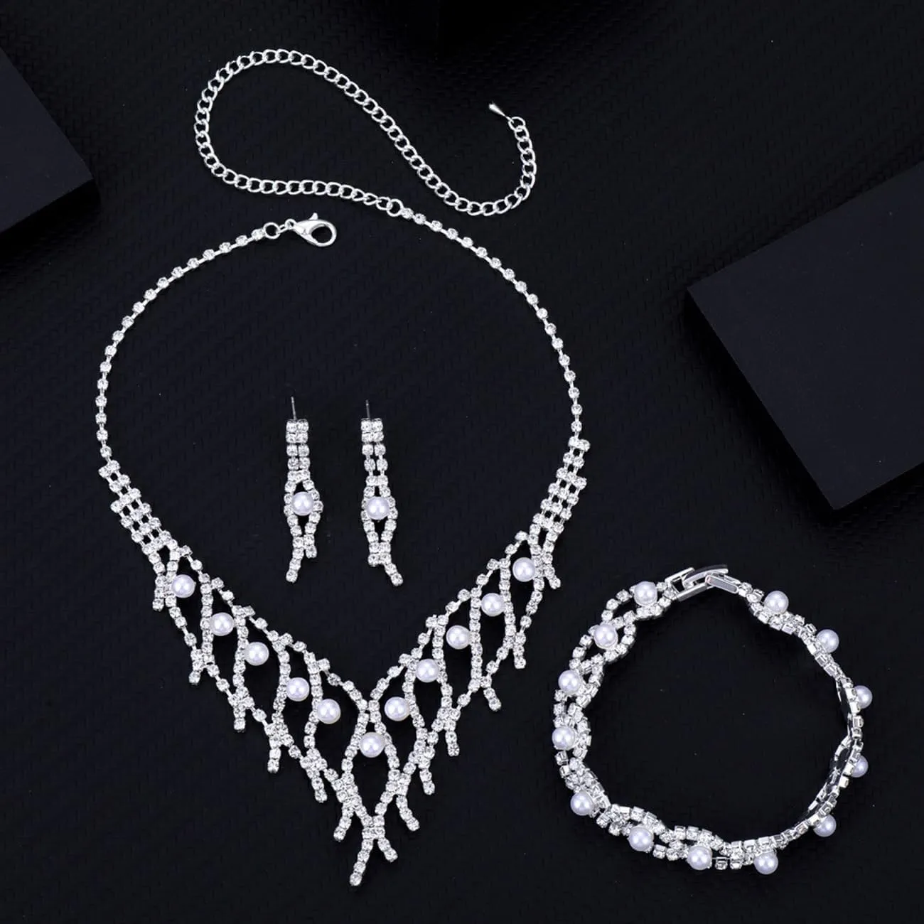 TOEECY Set di Gioielli da Sposa con Strass e Perle, Collana, Bracciale e Orecchini - immagine 4
