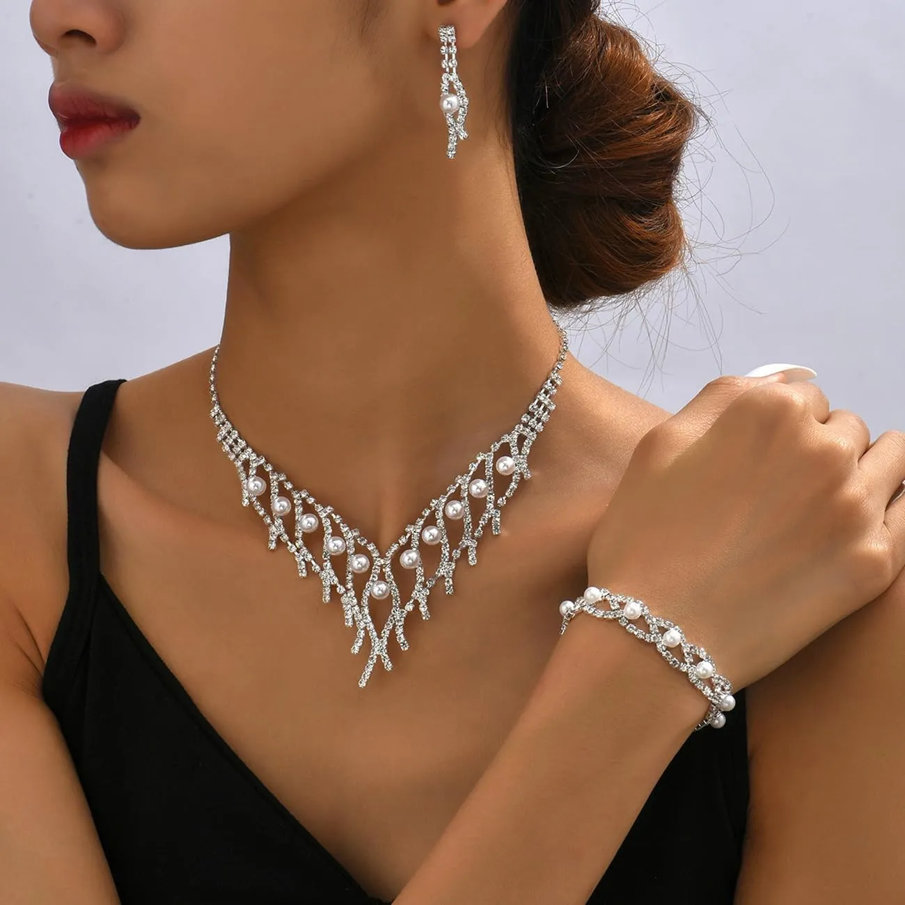 TOEECY Set di Gioielli da Sposa con Strass e Perle, Collana, Bracciale e Orecchini - immagine 6