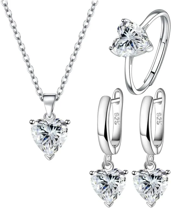 TTPSRY Set di Gioielli con Collana, Orecchini e Anello in Argento con Strass a Cuore (Bianco) - immagine 1