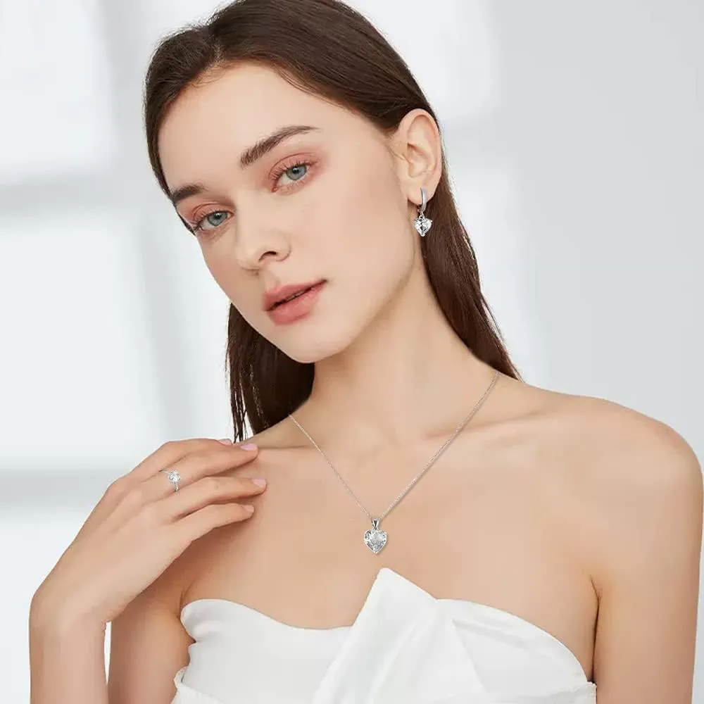 TTPSRY Set di Gioielli con Collana, Orecchini e Anello in Argento con Strass a Cuore (Bianco) - immagine 6