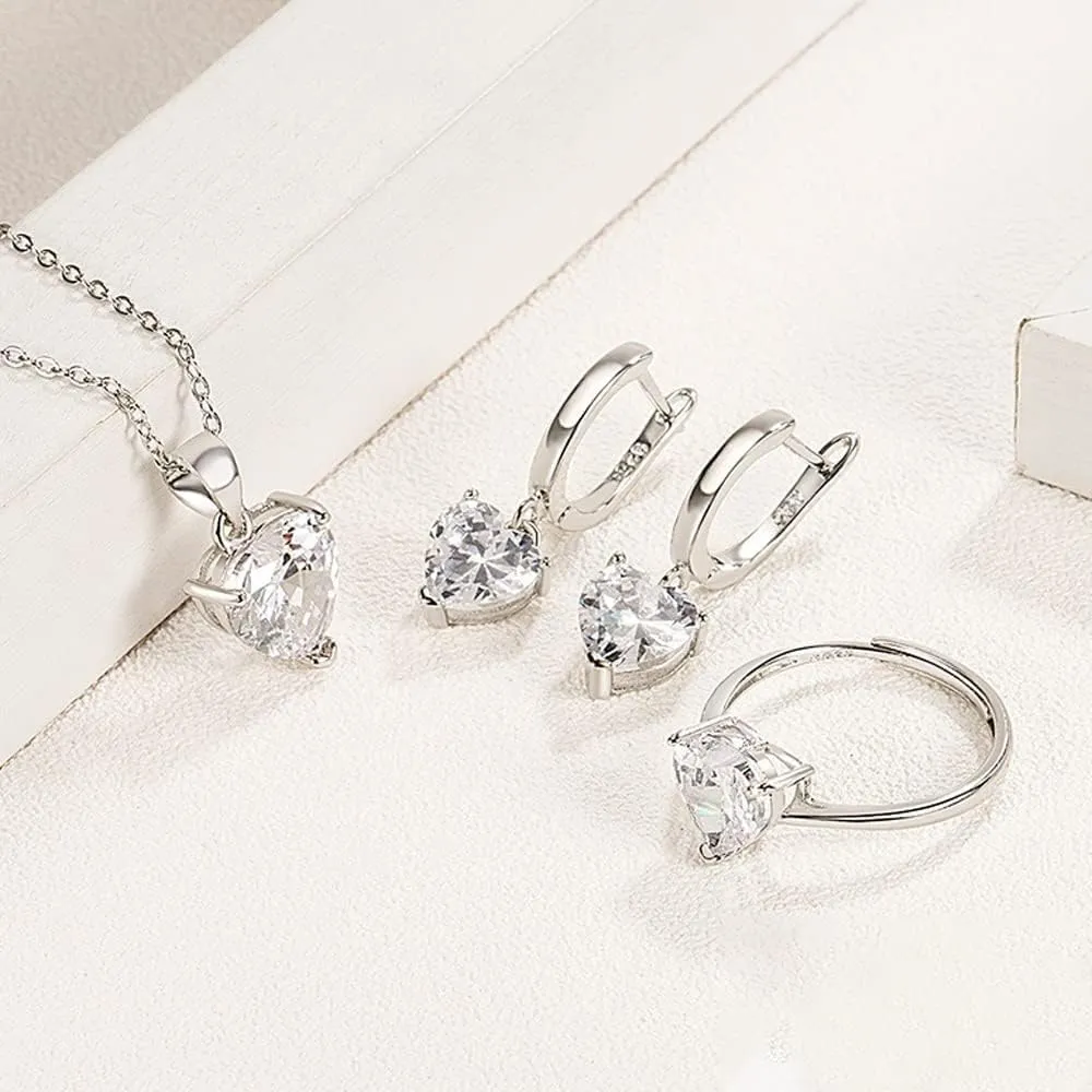 TTPSRY Set di Gioielli con Collana, Orecchini e Anello in Argento con Strass a Cuore (Bianco) - immagine 8