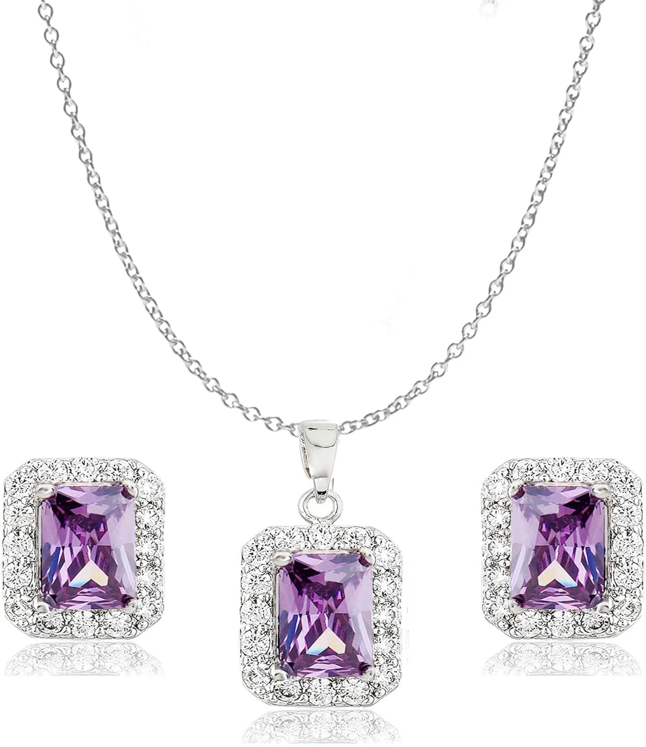 Crystalline Azuria Donna 18ct Placcato Oro Bianco Parure con Cristalli di Zirconi Viola, Collana con Ciondolo 45 cm e Orecchini a Lobo - immagine 1