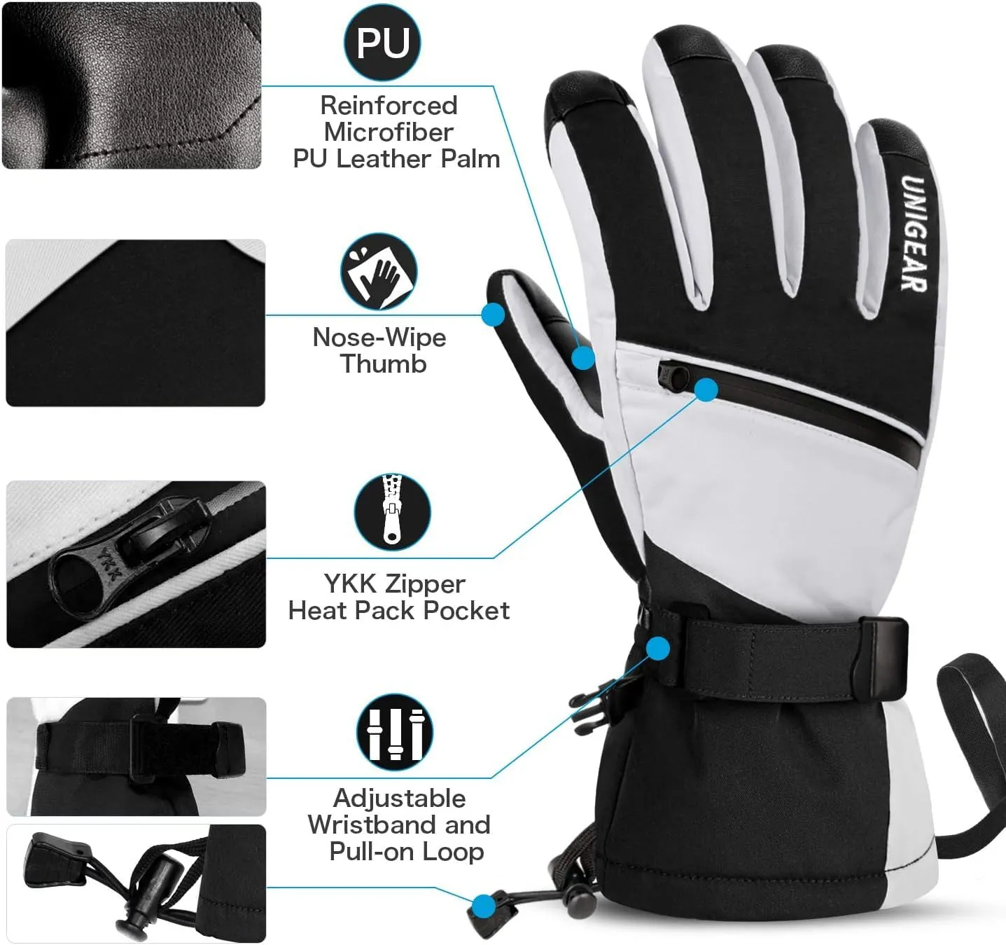 Unigear Guanti Sci e Snowboard Uomo Donna Termici Impermeabili Antiscivolo, Nero-Bianco, XS - immagine 6