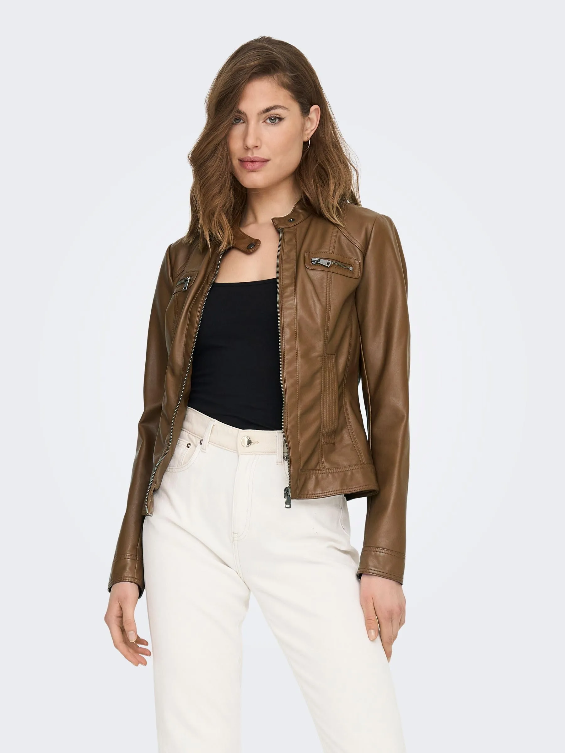 ONLY Onlbandit Faux Leather Biker Jacket, Brown (Cognac), 38 - immagine 2