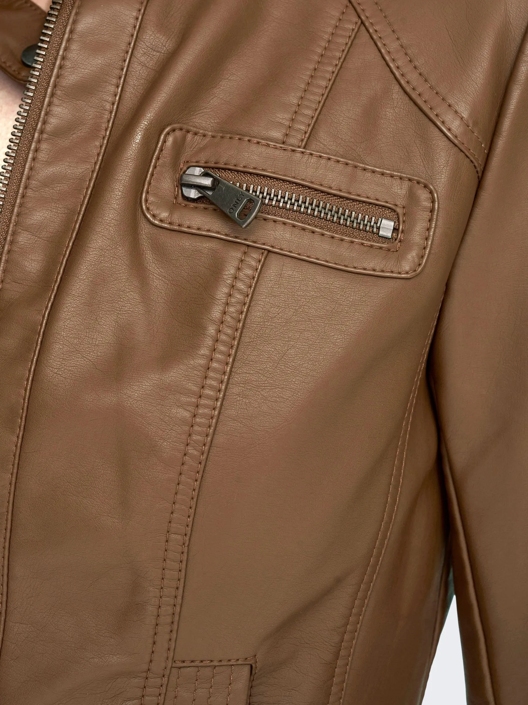 ONLY Onlbandit Faux Leather Biker Jacket, Brown Cognac, 36 - immagine 7