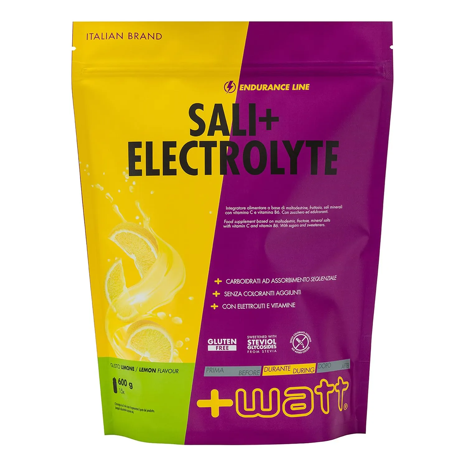 +Watt Sali+ Electrolyte, Soluzione ipotonica di carboidrati ed elettroliti, Gusto Limone, 600 g - immagine 1