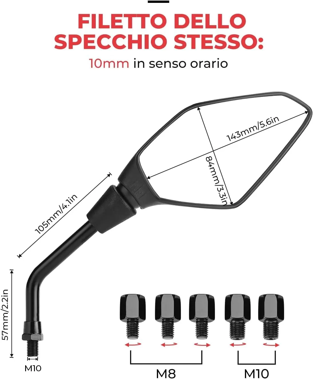 KEMIMOTO Specchietti Retrovisori Universali per Moto, Omologati 8mm/10mm, Nero - immagine 3