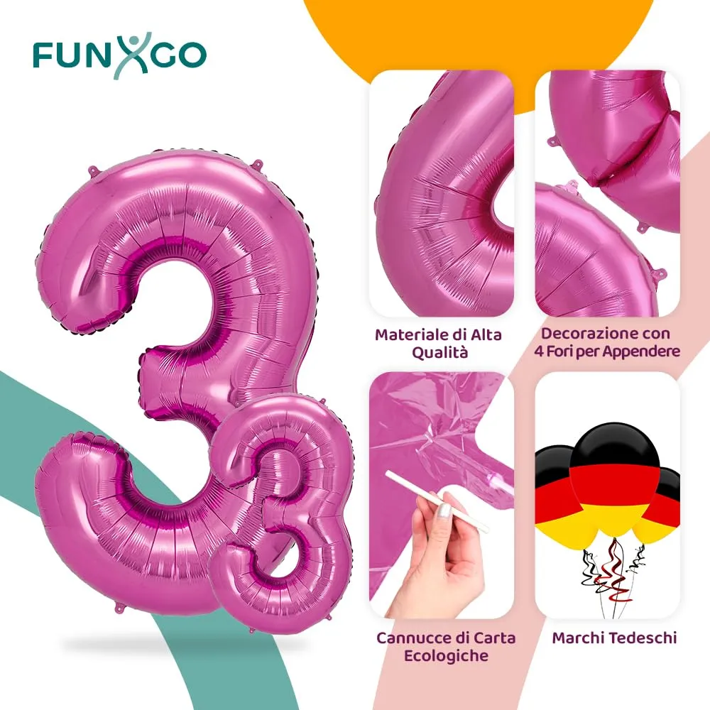 FUNXGO Palloncino Numero 3 Rosa - immagine 3