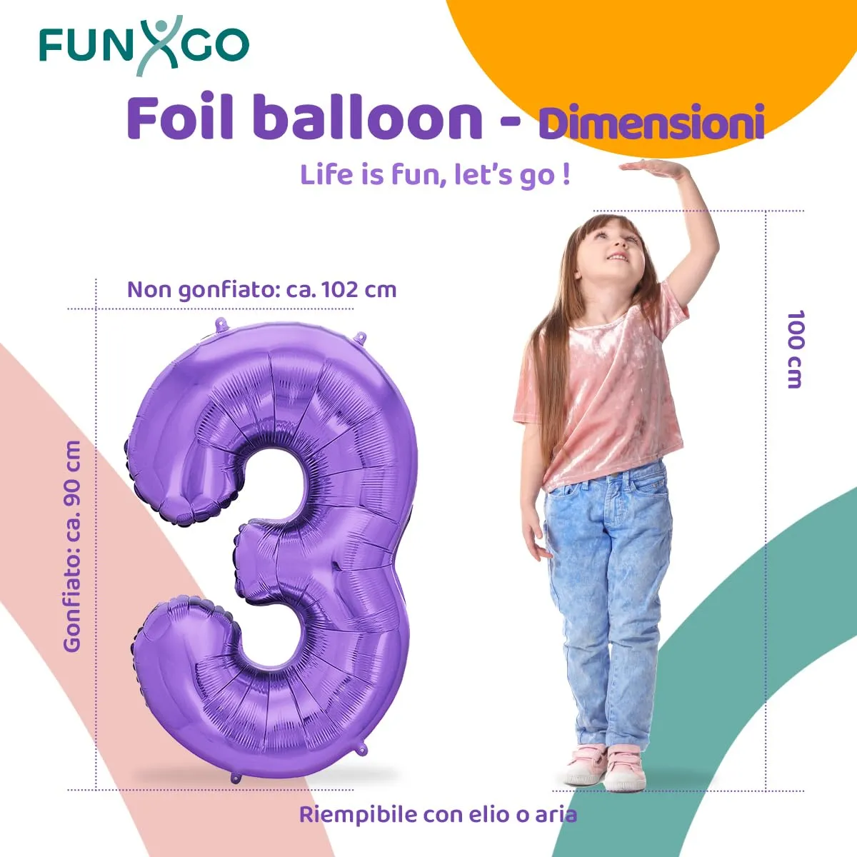 FUNXGO Palloncino in pellicola Numero 3 Lilla, 100 cm - immagine 2