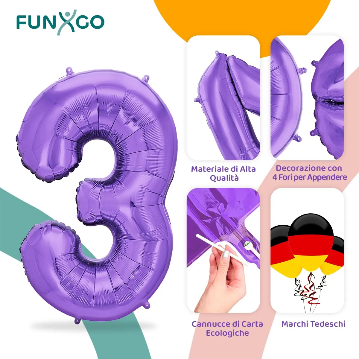 FUNXGO Palloncino in pellicola Numero 3 Lilla, 100 cm - immagine 3