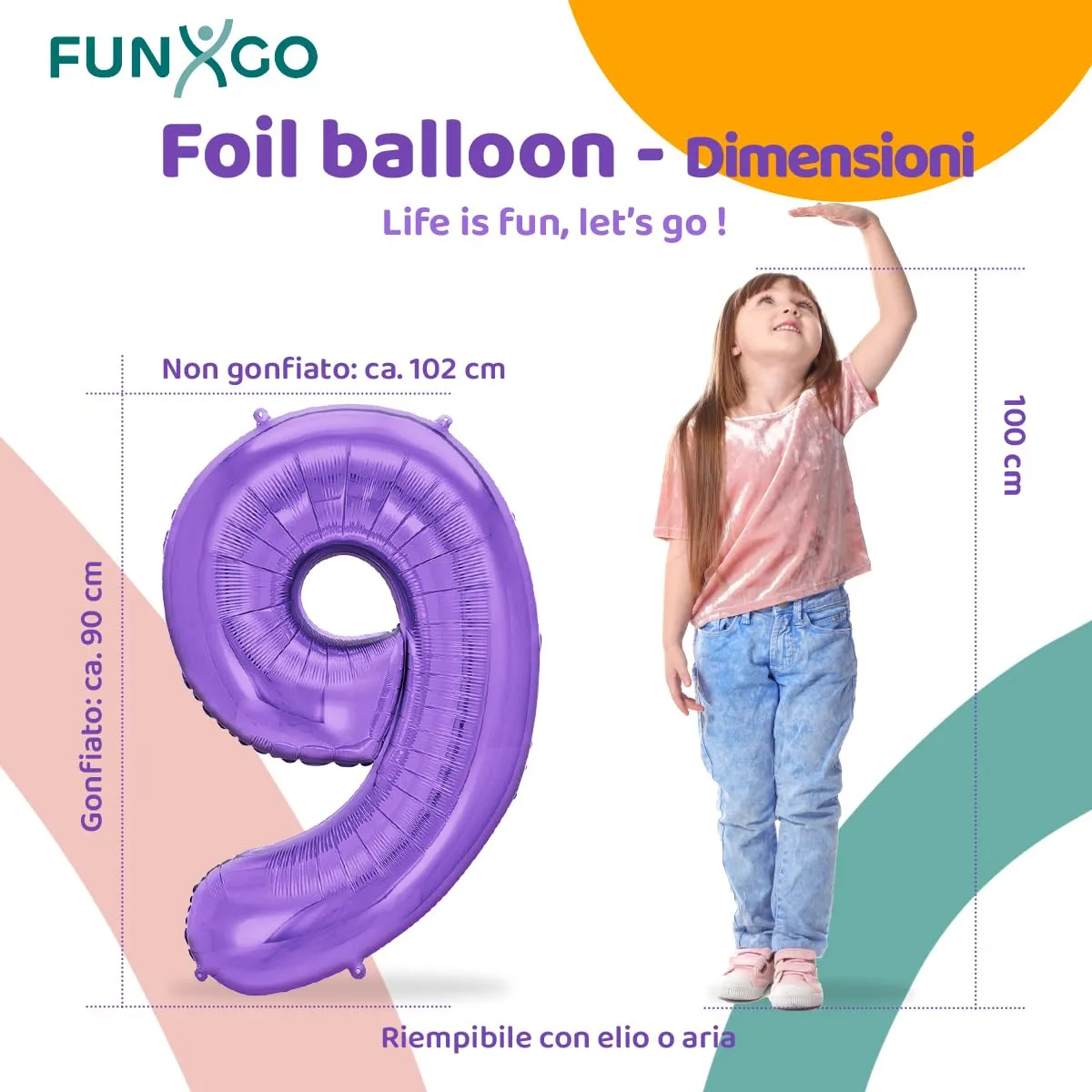 FUNXGO Palloncino in pellicola Numero 9, Viola, 100 cm - immagine 2