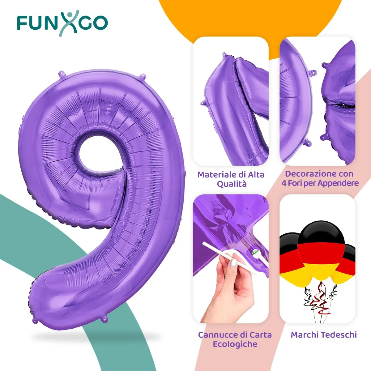 FUNXGO Palloncino in pellicola Numero 9, Viola, 100 cm - immagine 3