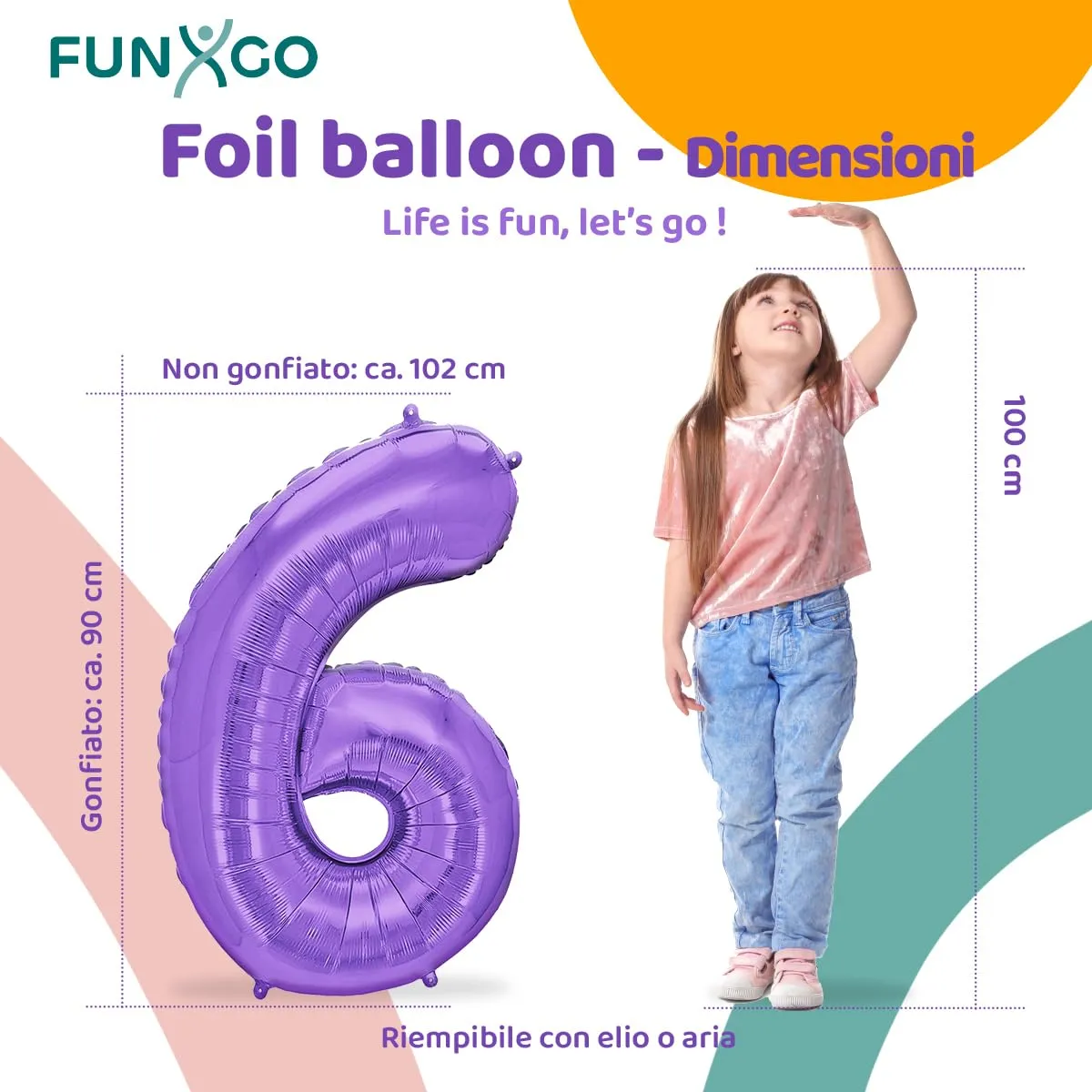 FUNXGO Palloncino in pellicola Numero 6, Viola, 100 cm - immagine 2