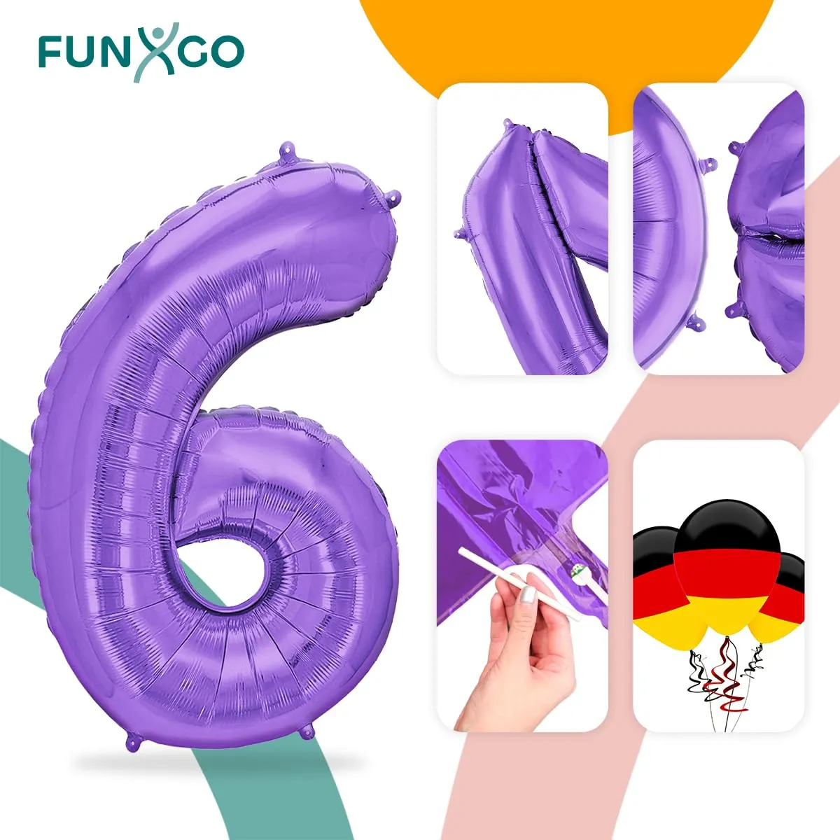 FUNXGO Palloncino in pellicola Numero 6, Viola, 100 cm - immagine 3