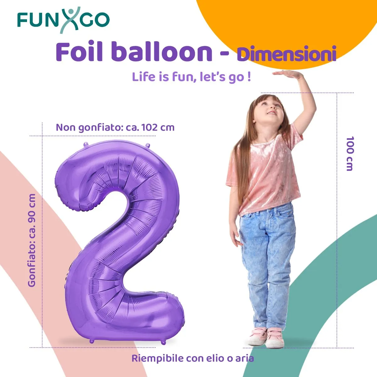 FUNXGO Palloncino in pellicola numero 2, viola, 100 cm - immagine 2
