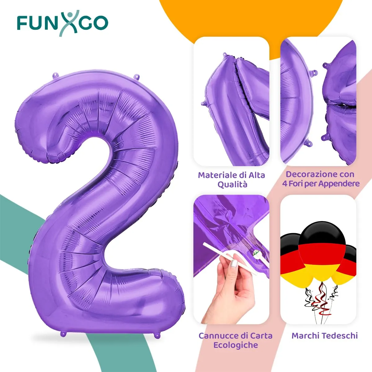 FUNXGO Palloncino in pellicola numero 2, viola, 100 cm - immagine 3