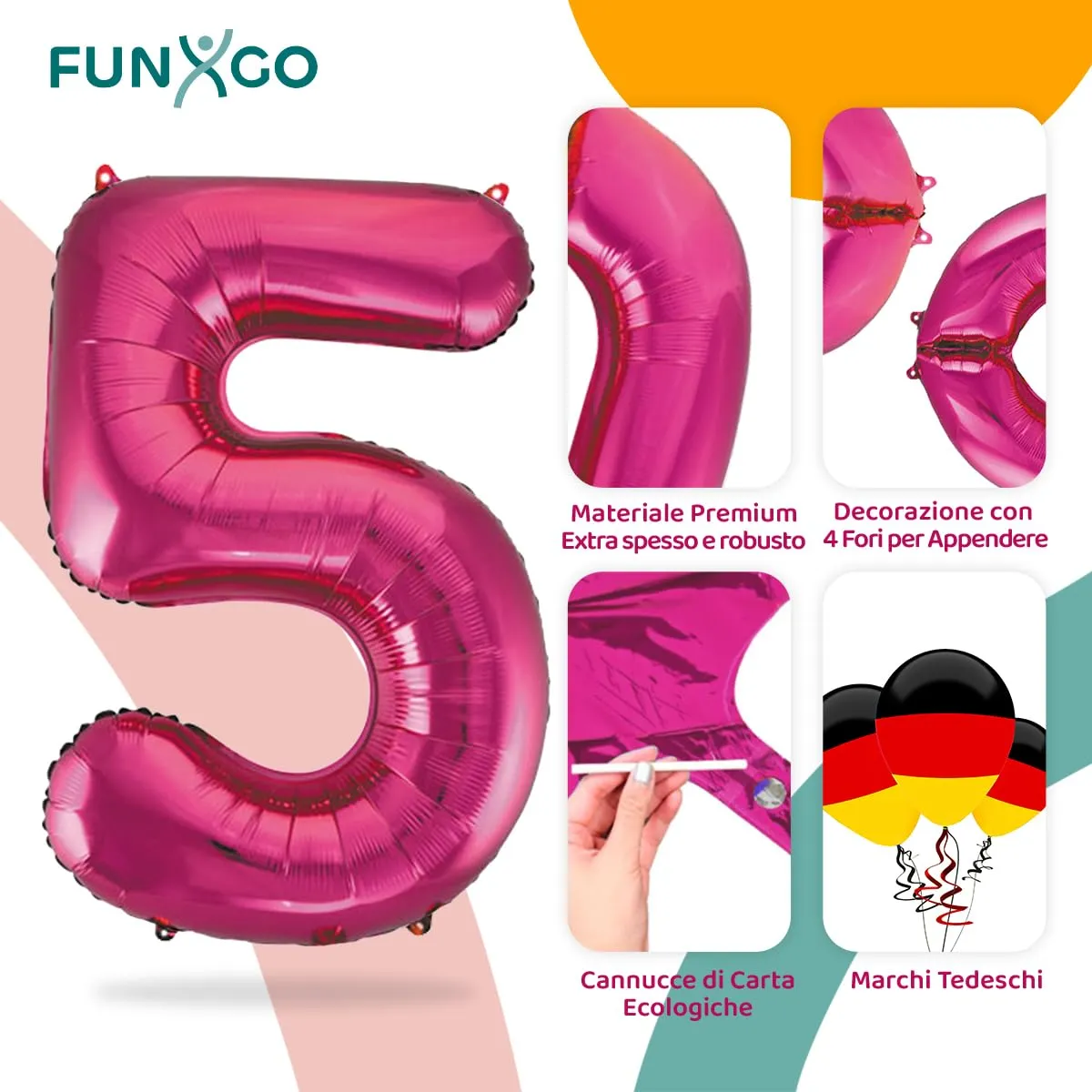 FUNXGO Palloncino in pellicola Numero 5, Rosa - immagine 3