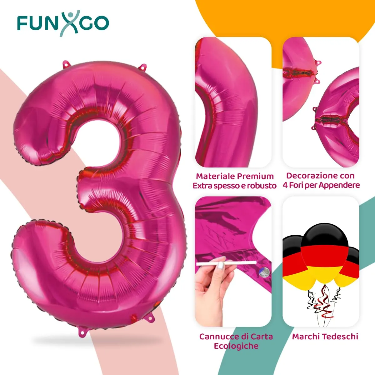 FUNXGO Palloncino in pellicola numero 3, rosa - immagine 3