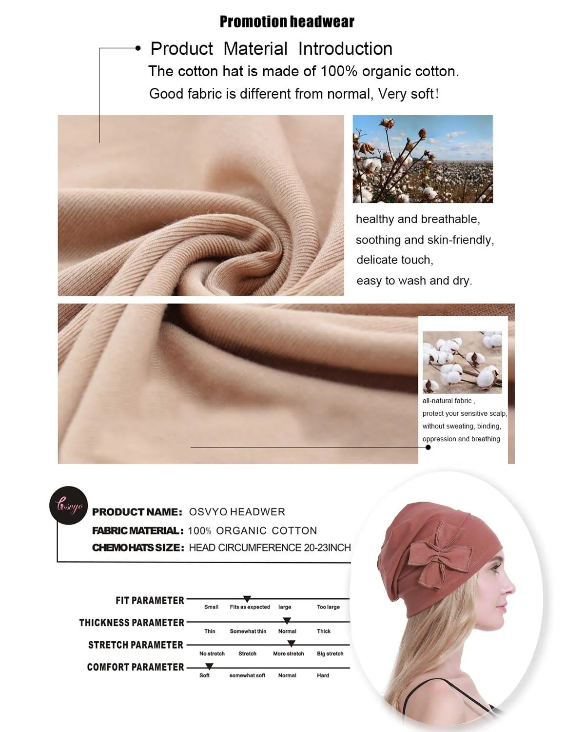 Osvyo Copricapo in cotone per chemioterapia, Rosso Rust, Taglia unica - immagine 4