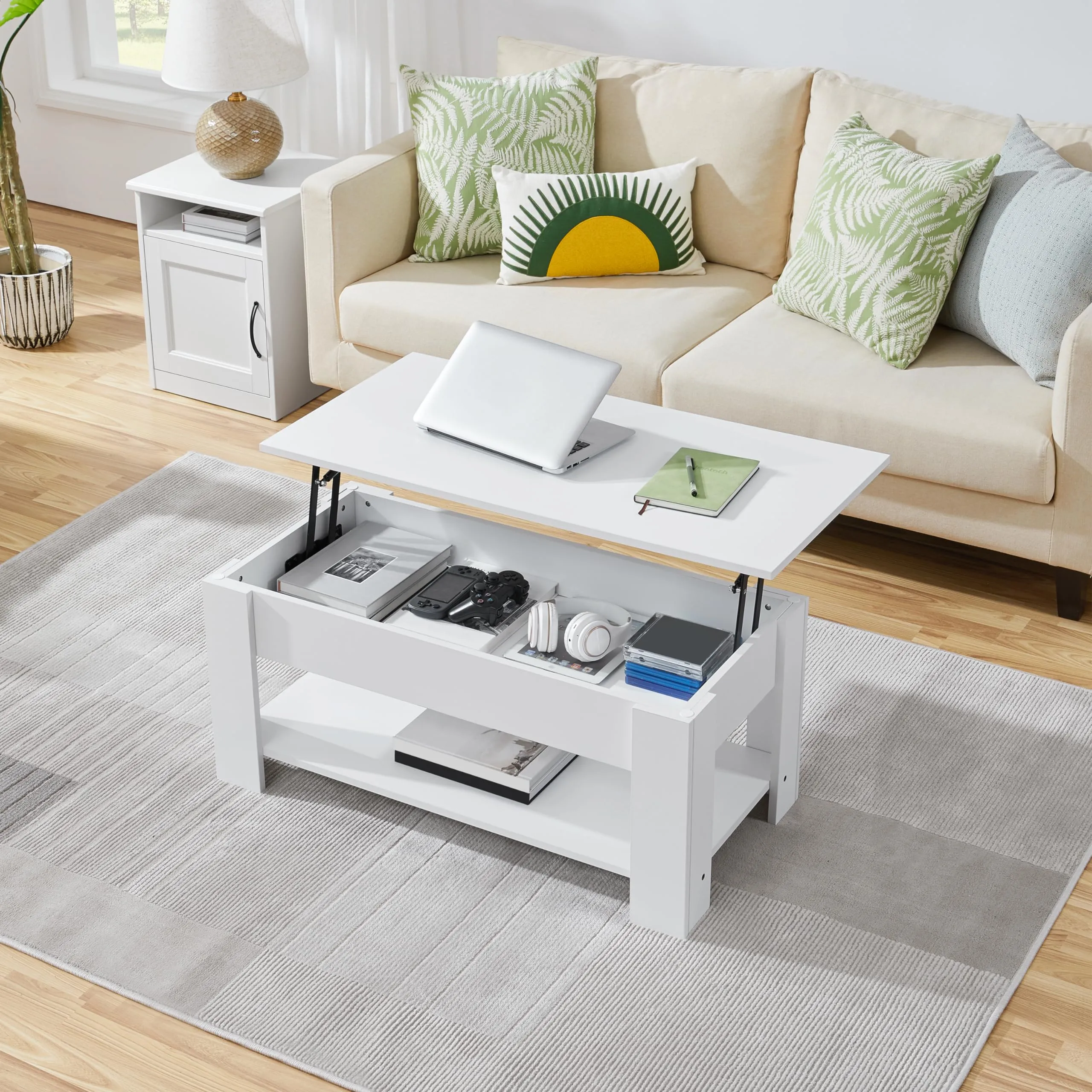 Yaheetech Tavolino da Caffè Sollevabile, 98 x 50 x 42-56 cm, Bianco - immagine 2
