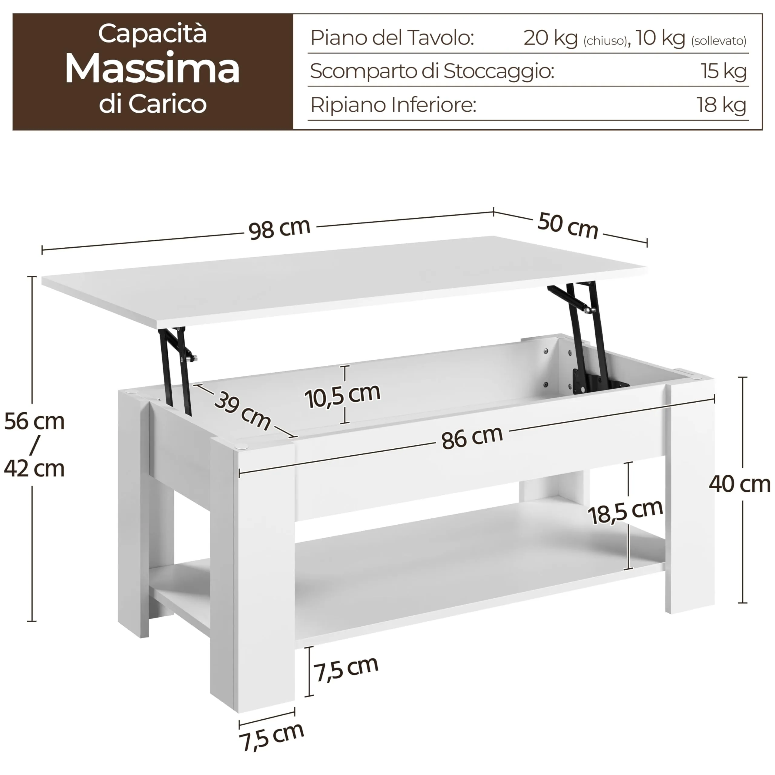 Yaheetech Tavolino da Caffè Sollevabile, 98 x 50 x 42-56 cm, Bianco - immagine 3