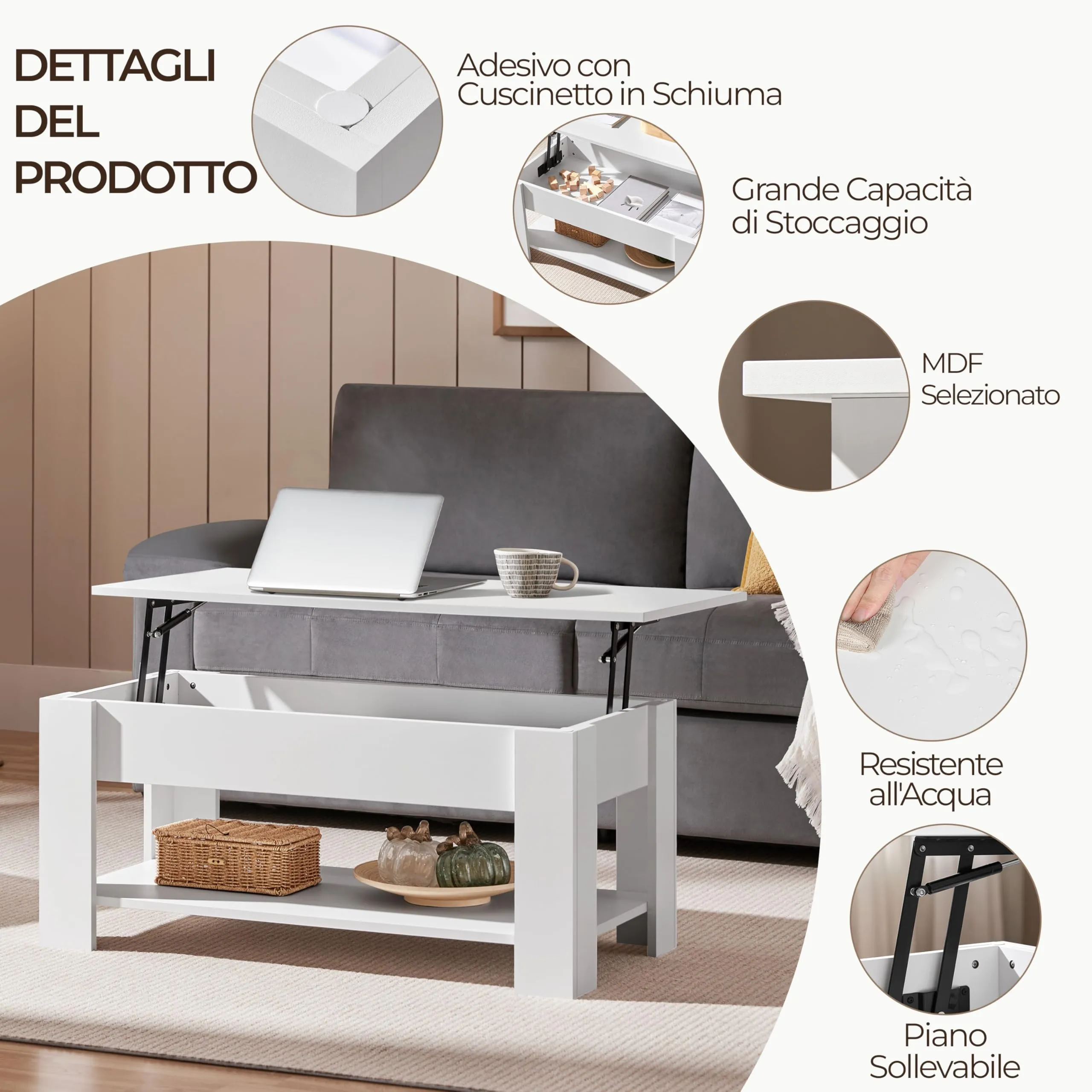 Yaheetech Tavolino da Caffè Sollevabile, 98 x 50 x 42-56 cm, Bianco - immagine 4
