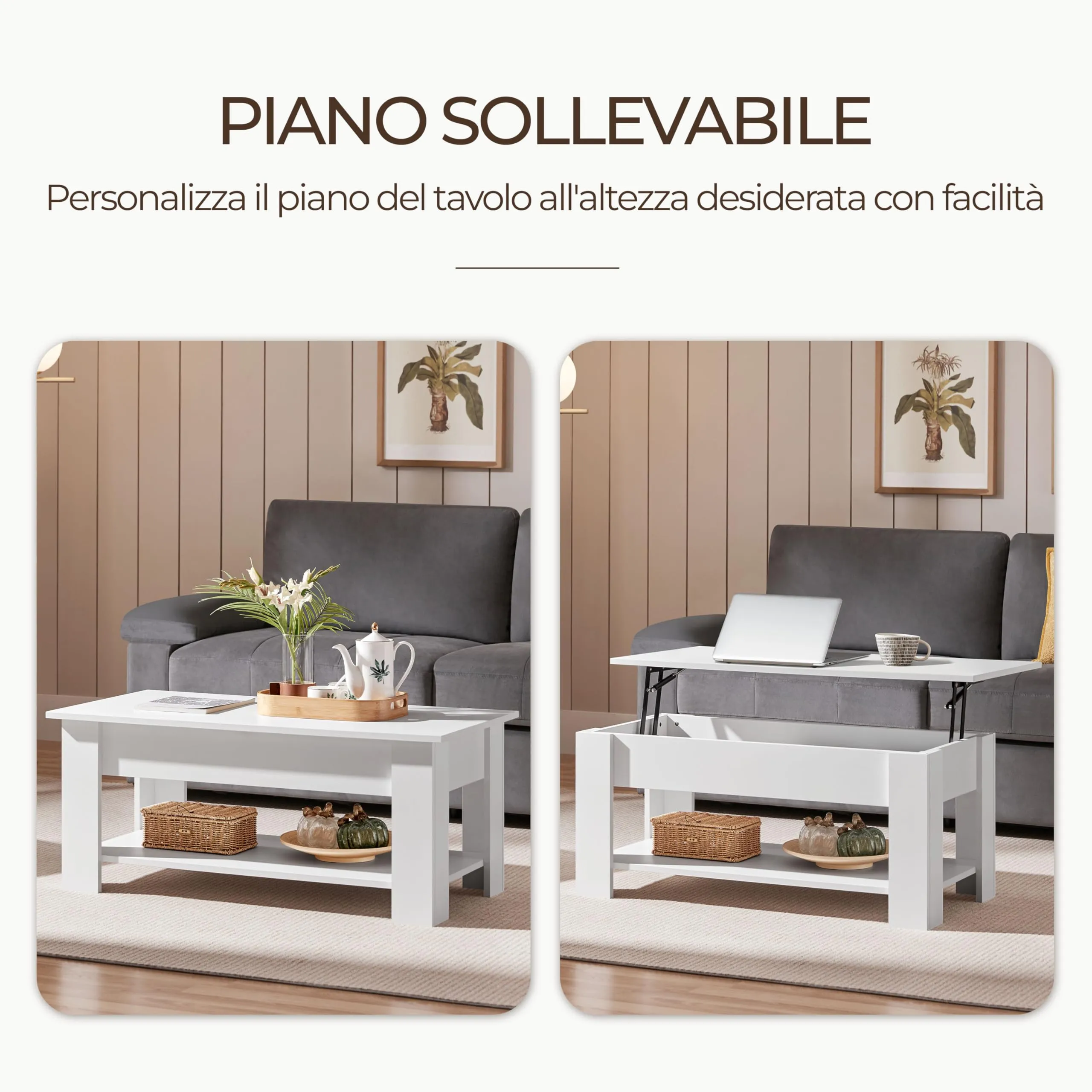 Yaheetech Tavolino da Caffè Sollevabile, 98 x 50 x 42-56 cm, Bianco - immagine 8
