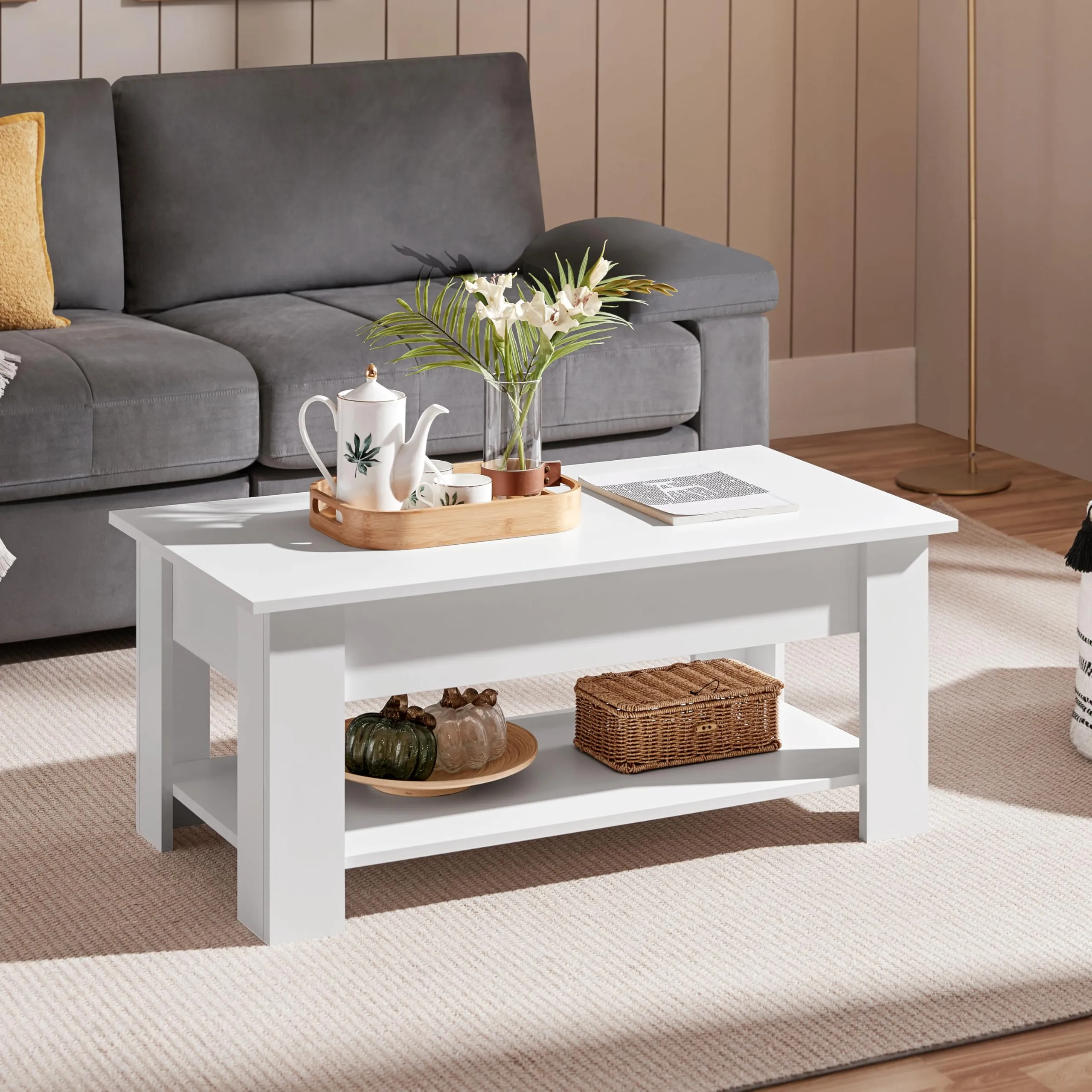 Yaheetech Tavolino da Caffè Sollevabile, 98 x 50 x 42-56 cm, Bianco - immagine 9