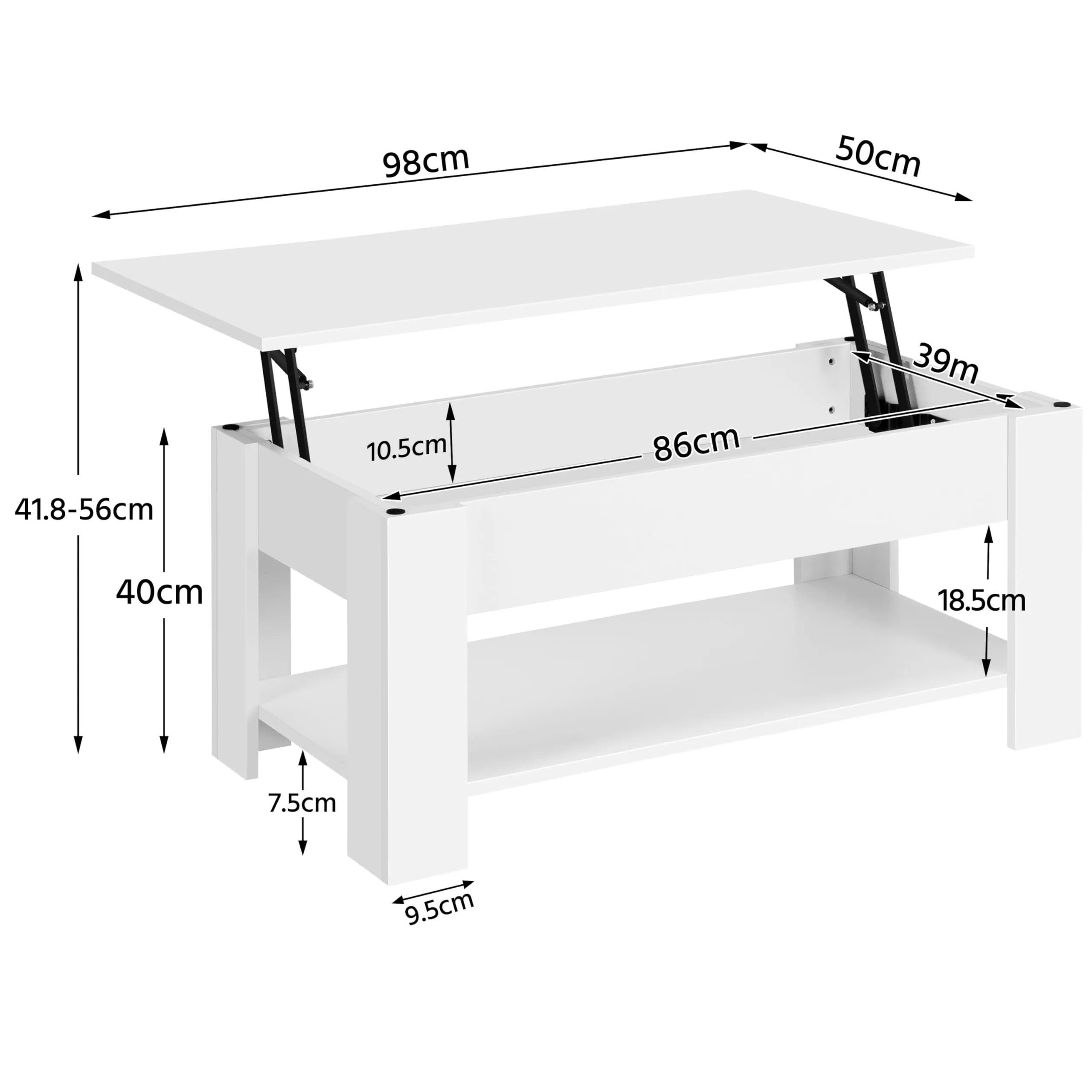 Yaheetech Tavolino da Caffè Sollevabile, 98 x 50 x 42-56 cm, Bianco - immagine 10