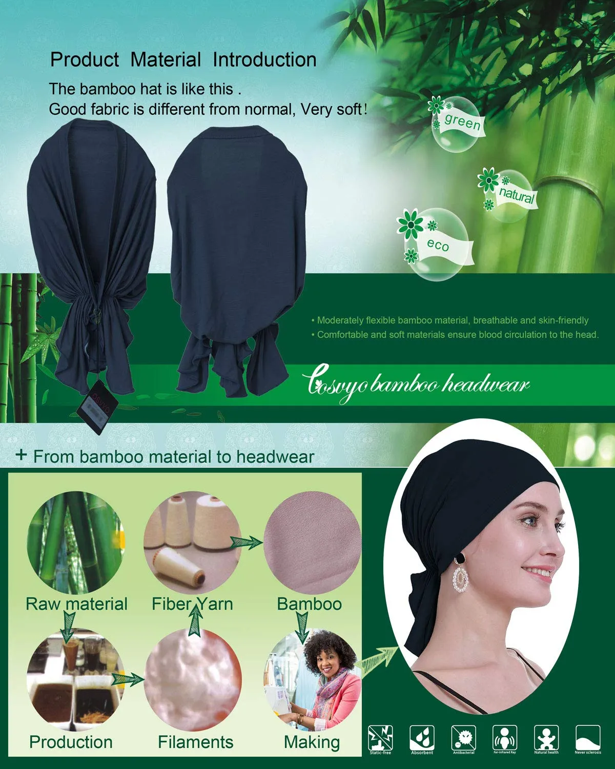 osvyo Copricapo in bambù per chemioterapia da donna, Turbante Denim Blu, Taglia unica - immagine 4