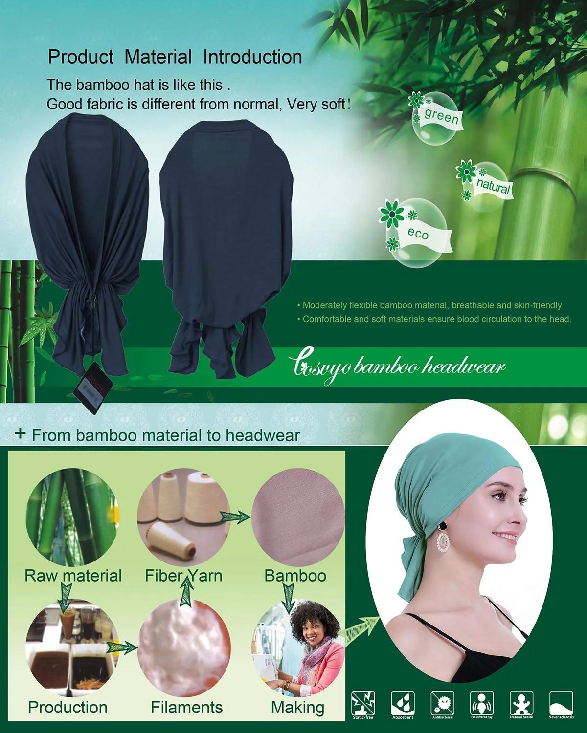 osvyo Copricapo in bambù per chemioterapia da donna, Turbante per perdita di capelli, Verde Chiaro, Taglia unica - immagine 4