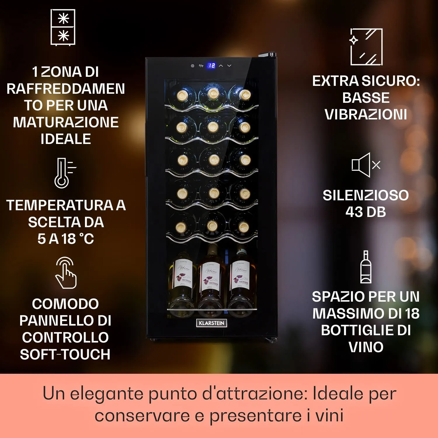 Klarstein Shiraz Cantinetta Vino Nero - 18 Bottiglie, 1 Zona, 5–18 °C, LED, Telaio Inox - immagine 2