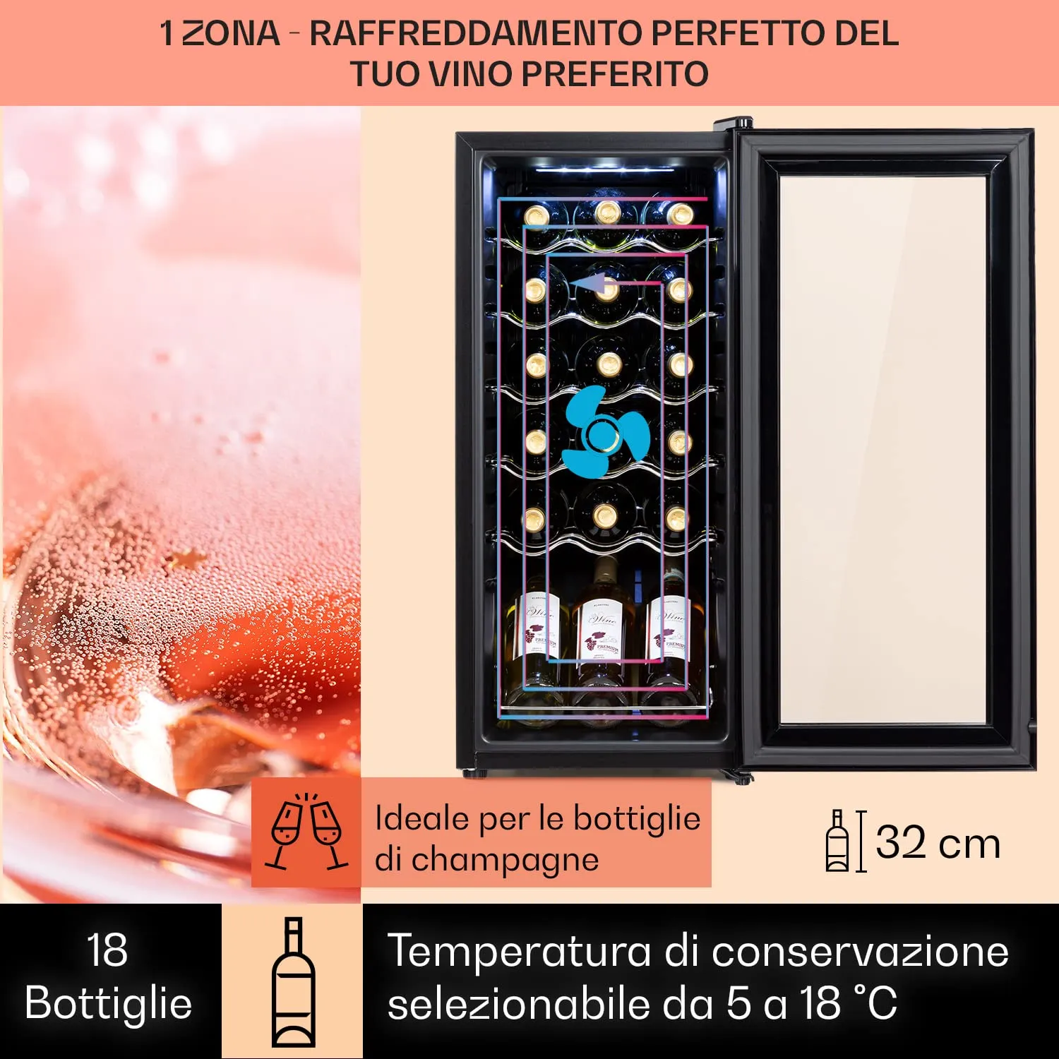 Klarstein Shiraz Cantinetta Vino Nero - 18 Bottiglie, 1 Zona, 5–18 °C, LED, Telaio Inox - immagine 3