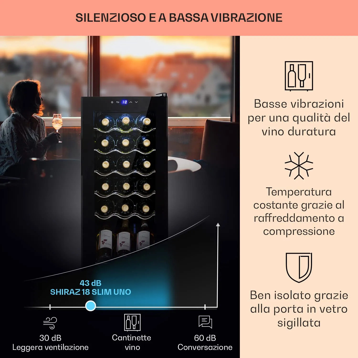Klarstein Shiraz Cantinetta Vino Nero - 18 Bottiglie, 1 Zona, 5–18 °C, LED, Telaio Inox - immagine 4