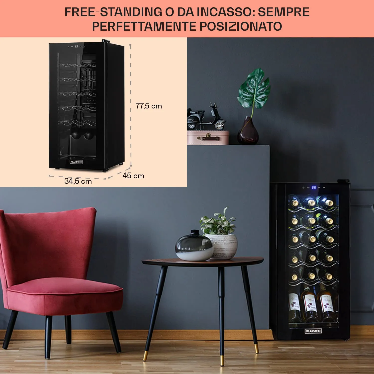 Klarstein Shiraz Cantinetta Vino Nero - 18 Bottiglie, 1 Zona, 5–18 °C, LED, Telaio Inox - immagine 6