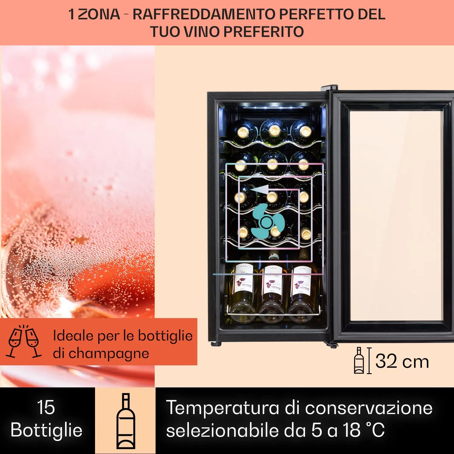 Klarstein Shiraz Cantinetta Vino Nero, 15 Bottiglie, 44 L, 1 Zona, 5–18 °C, LED, Telaio Inox - immagine 3