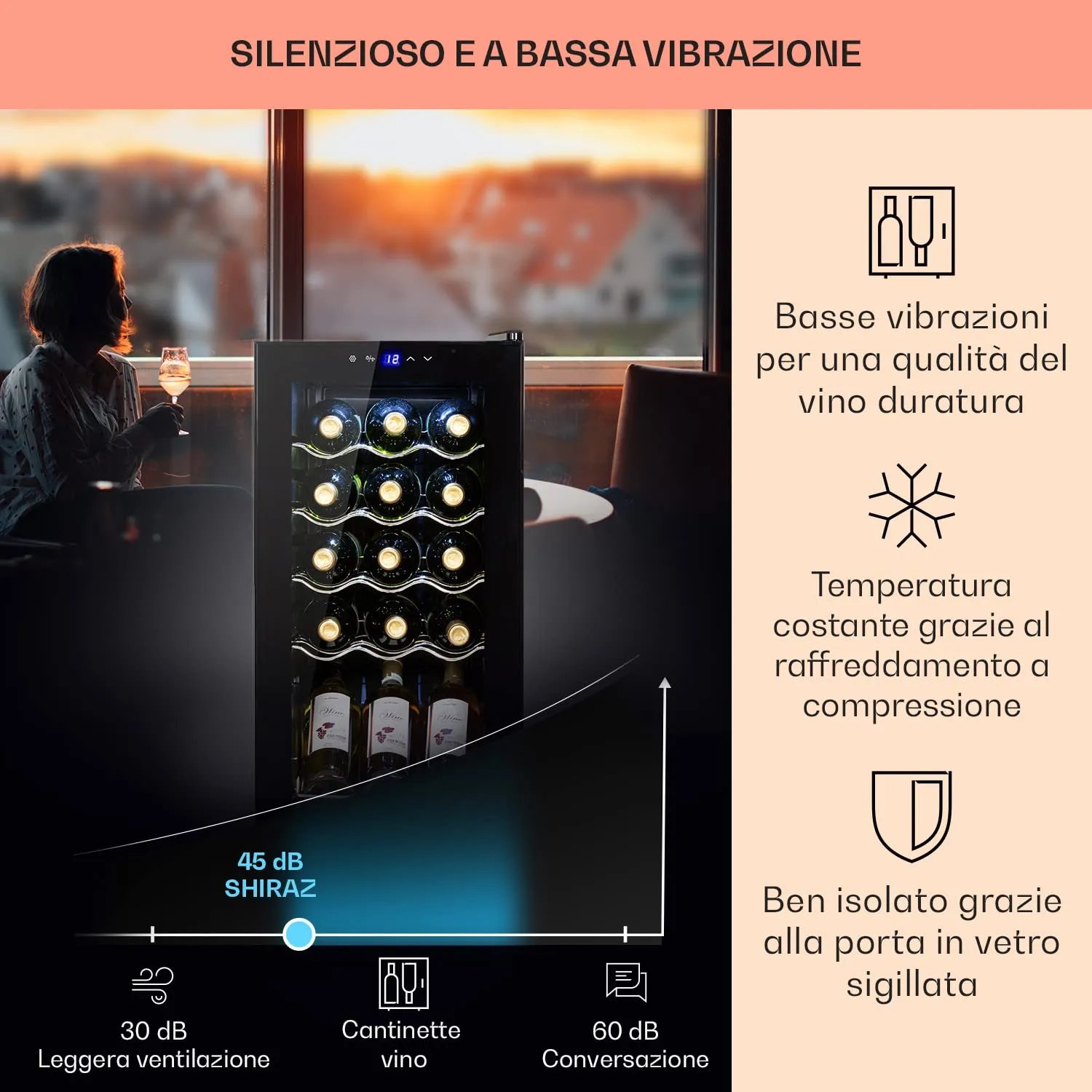 Klarstein Shiraz Cantinetta Vino Nero, 15 Bottiglie, 44 L, 1 Zona, 5–18 °C, LED, Telaio Inox - immagine 4
