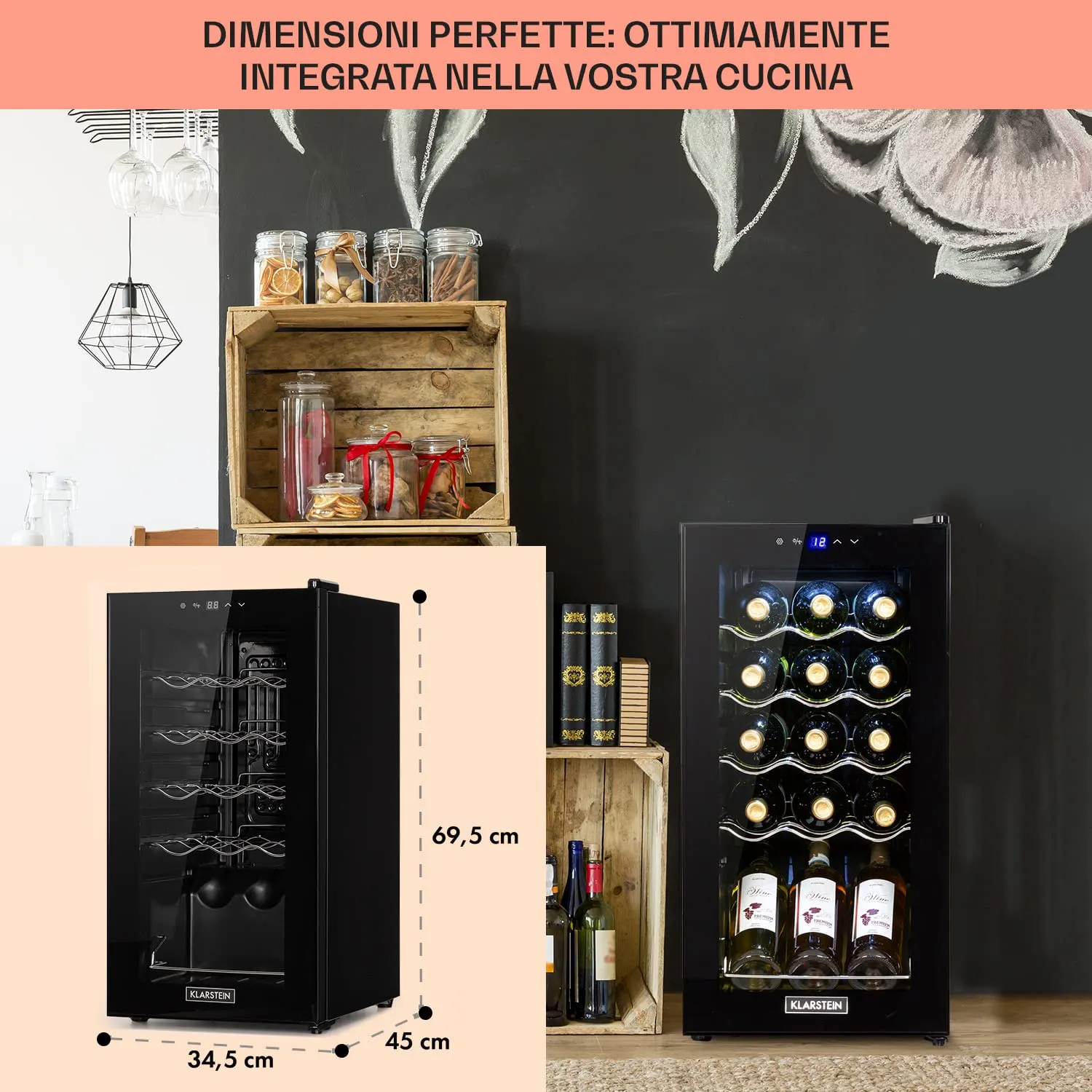 Klarstein Shiraz Cantinetta Vino Nero, 15 Bottiglie, 44 L, 1 Zona, 5–18 °C, LED, Telaio Inox - immagine 6