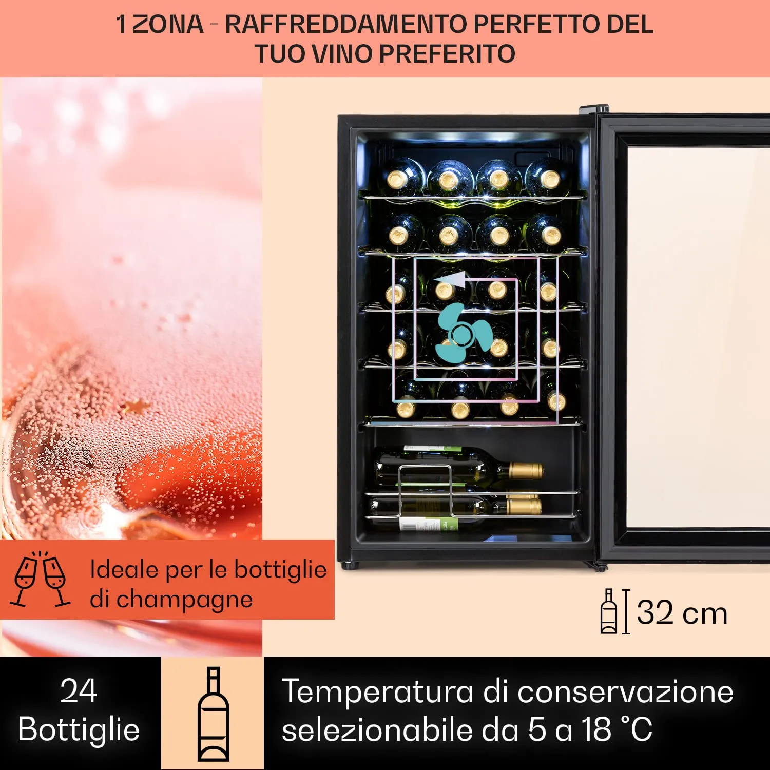 Klarstein Shiraz Cantinetta Vino Nero, 24 Bottiglie, 63 L, 1 Zona - immagine 3