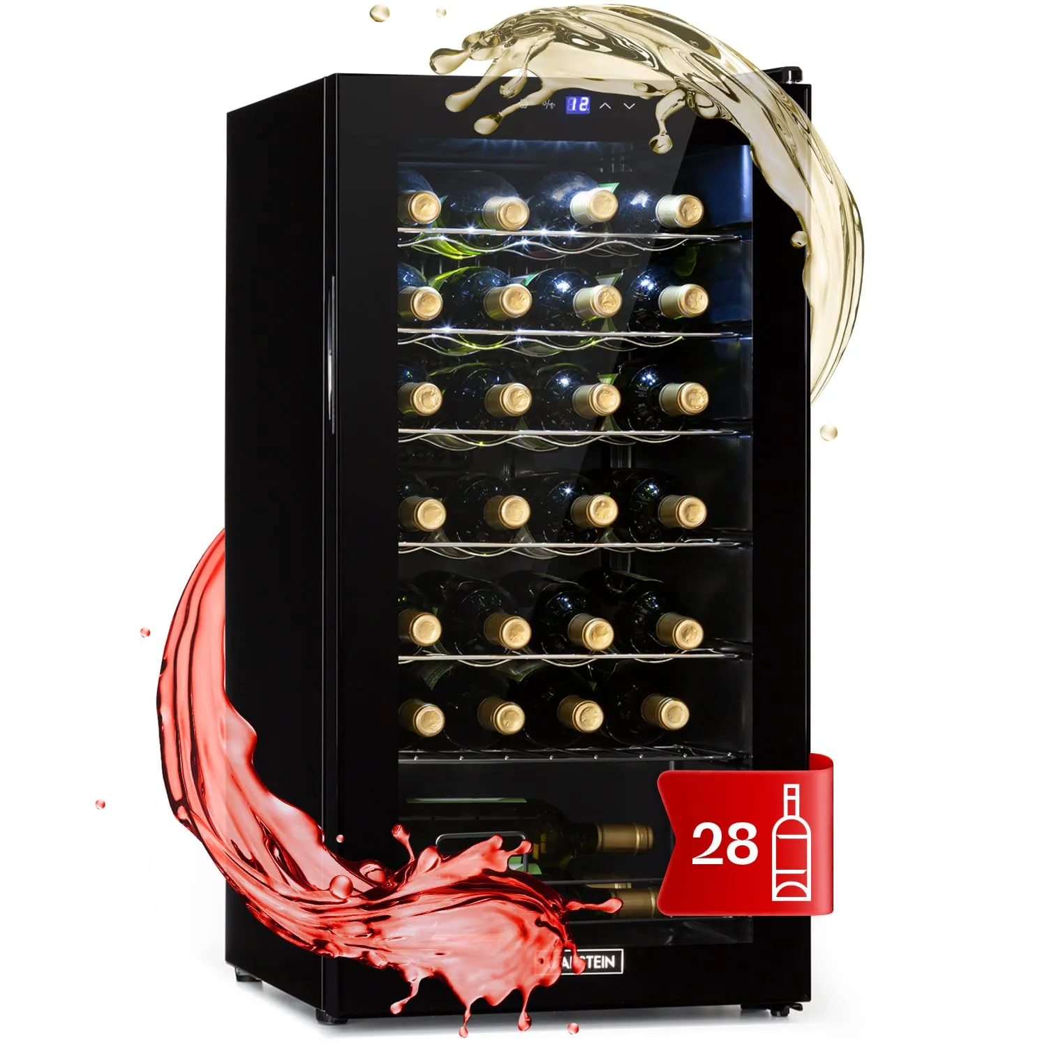Klarstein Shiraz Cantinetta Vino Nero, 28 Bottiglie, 74 L, 1 Zona, Porta in Vetro, 5–18 °C, LED, Telaio Inox - immagine 1
