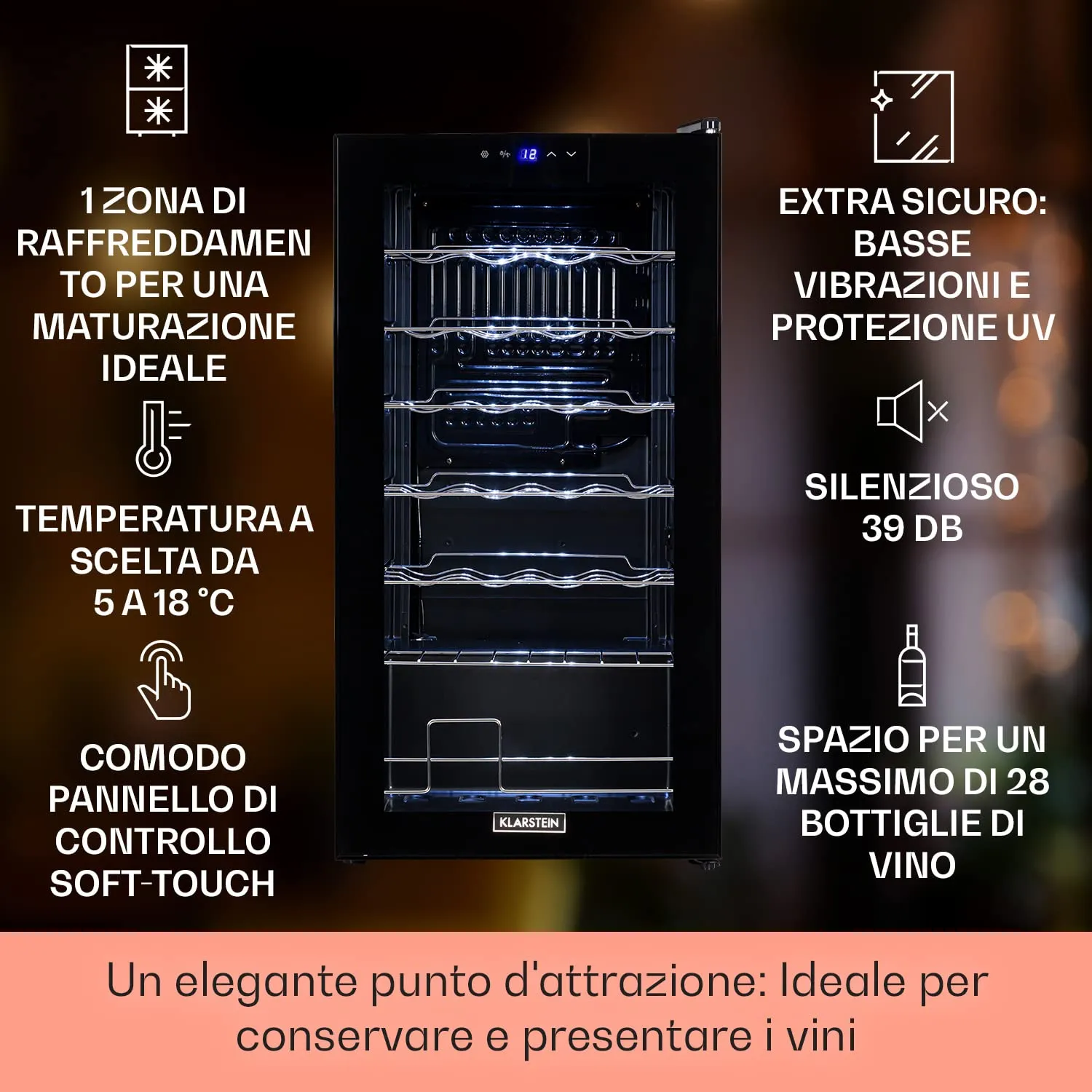 Klarstein Shiraz Cantinetta Vino Nero, 28 Bottiglie, 74 L, 1 Zona, Porta in Vetro, 5–18 °C, LED, Telaio Inox - immagine 2