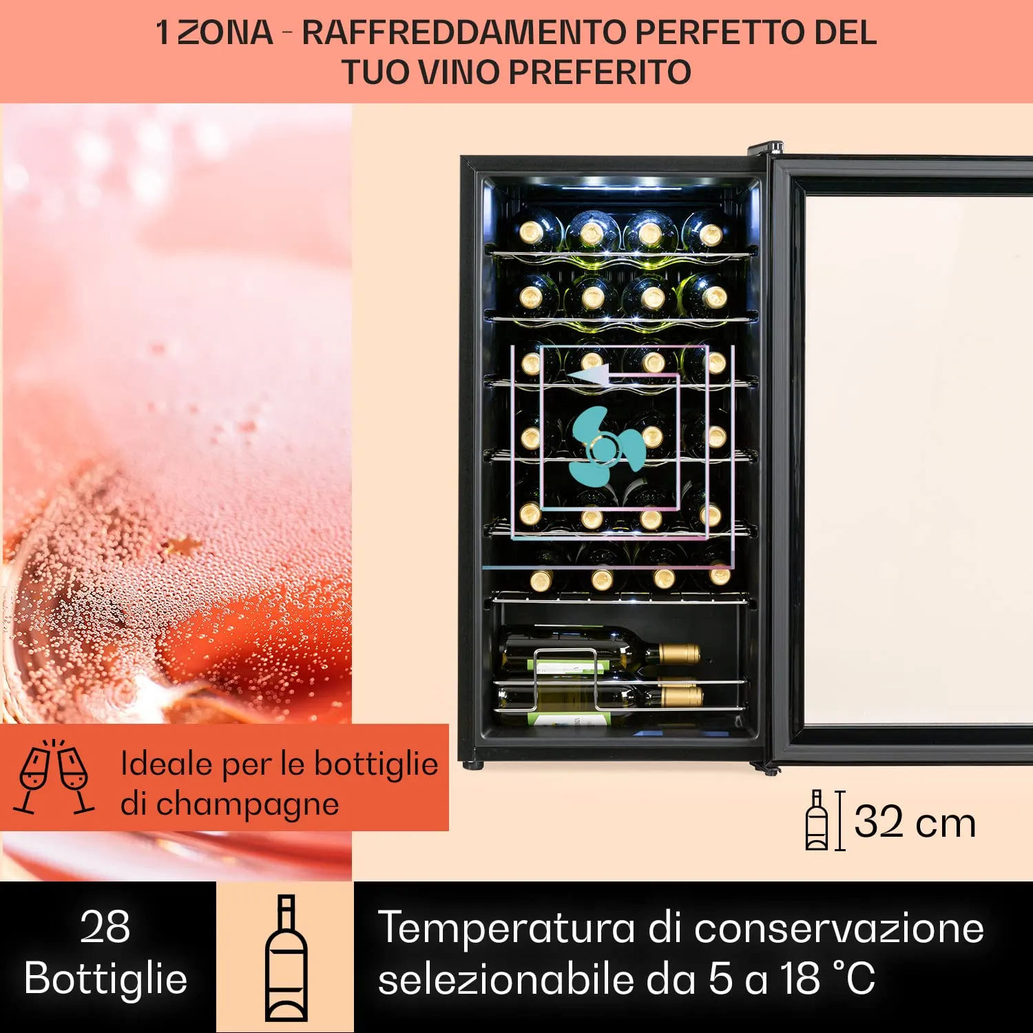 Klarstein Shiraz Cantinetta Vino Nero, 28 Bottiglie, 74 L, 1 Zona, Porta in Vetro, 5–18 °C, LED, Telaio Inox - immagine 3