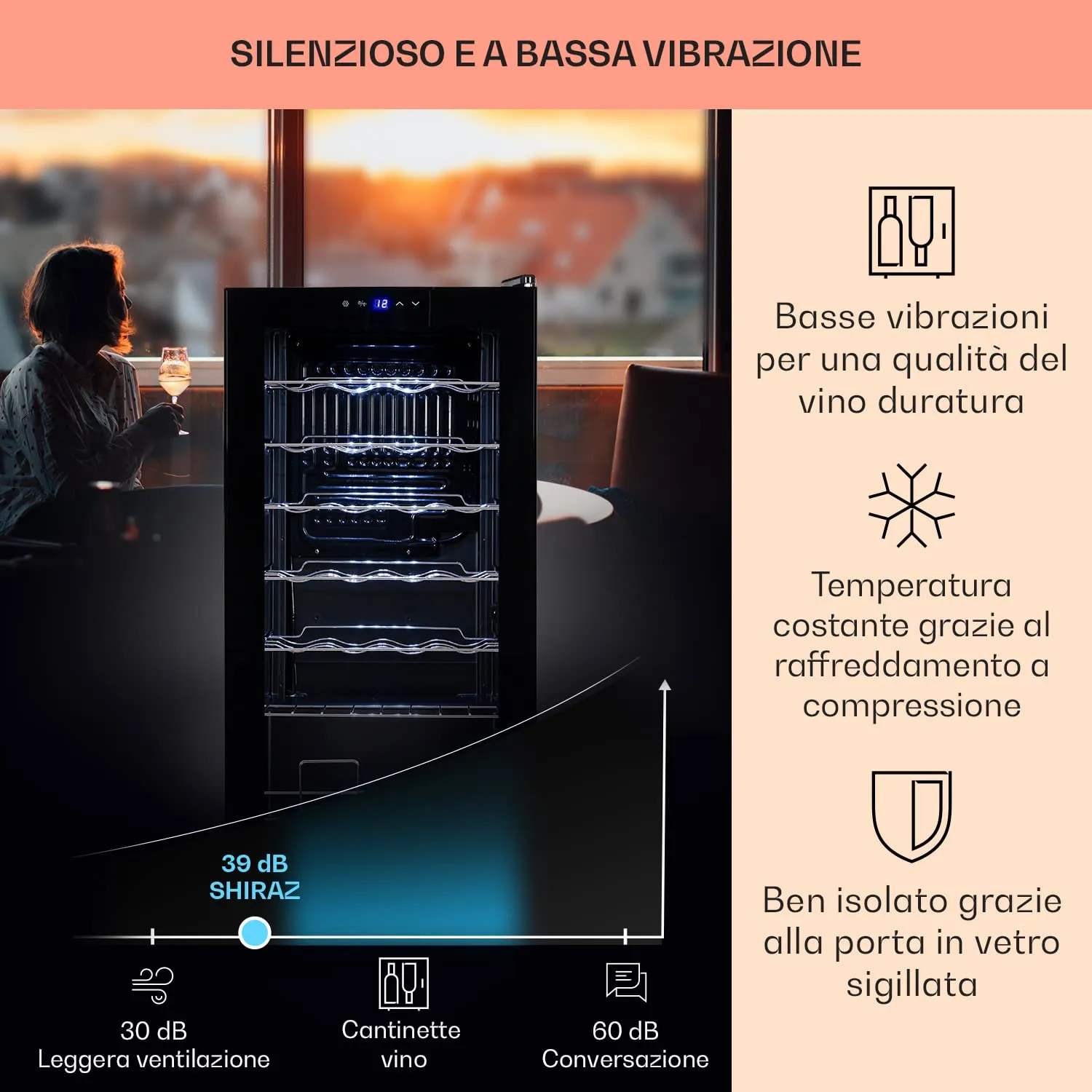 Klarstein Shiraz Cantinetta Vino Nero, 28 Bottiglie, 74 L, 1 Zona, Porta in Vetro, 5–18 °C, LED, Telaio Inox - immagine 4