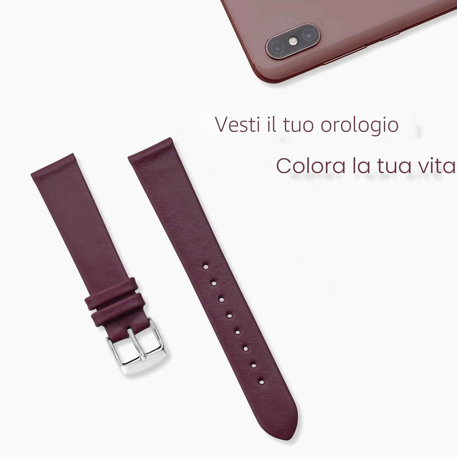 WOCCI Cinturino per Orologio in Vera Pelle 18mm - Prugna Scura con Fibbia Argento - immagine 7