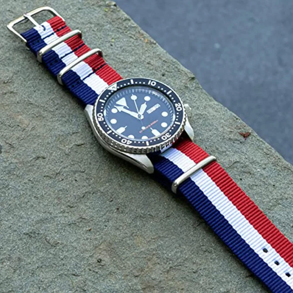 FOUUA Cinturino per orologio in nylon stile Nato 18mm Blu-bianco-rosso - immagine 4