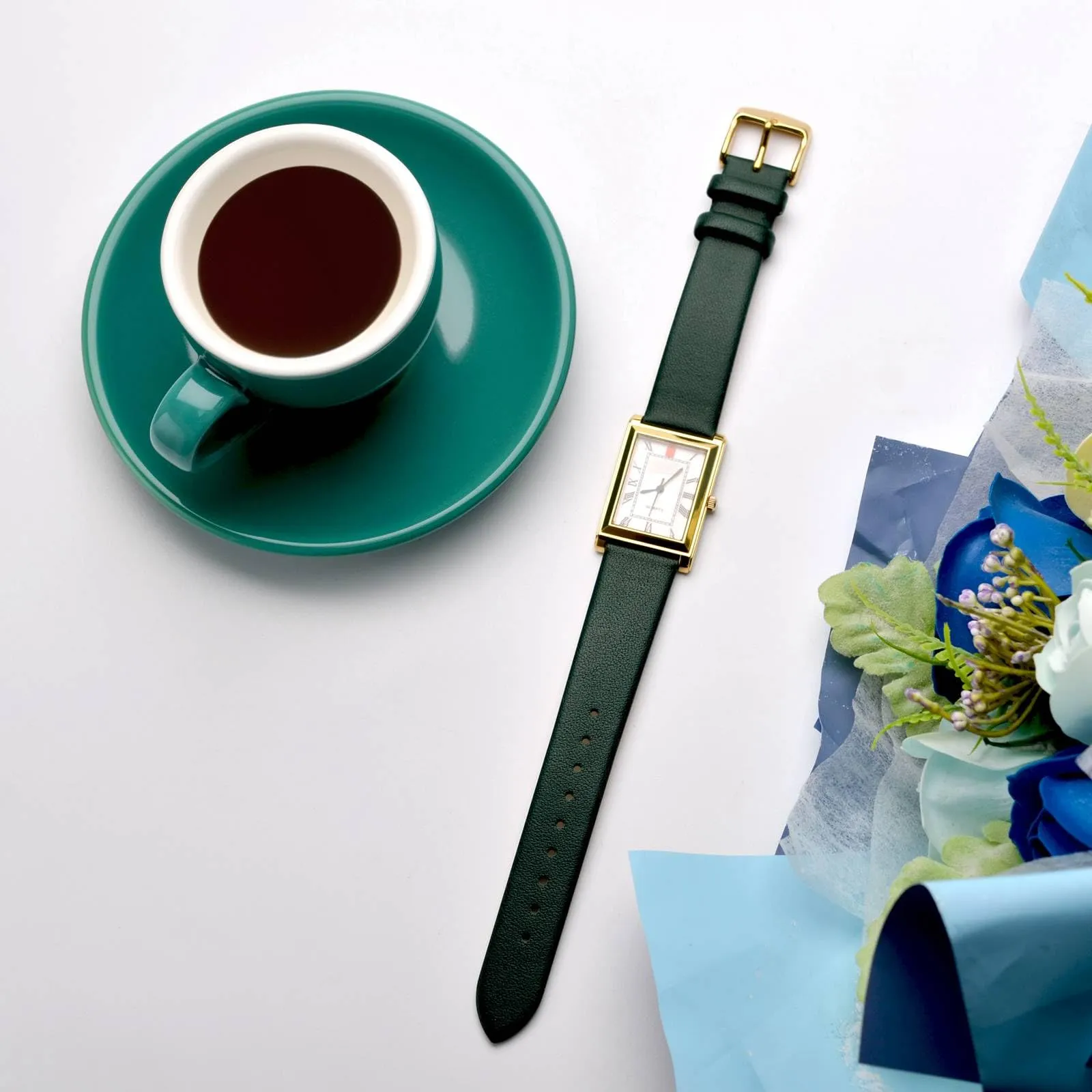 WOCCI Cinturino per Orologio in Pelle 12mm con Fibbia Oro - Verde Scuro - immagine 2