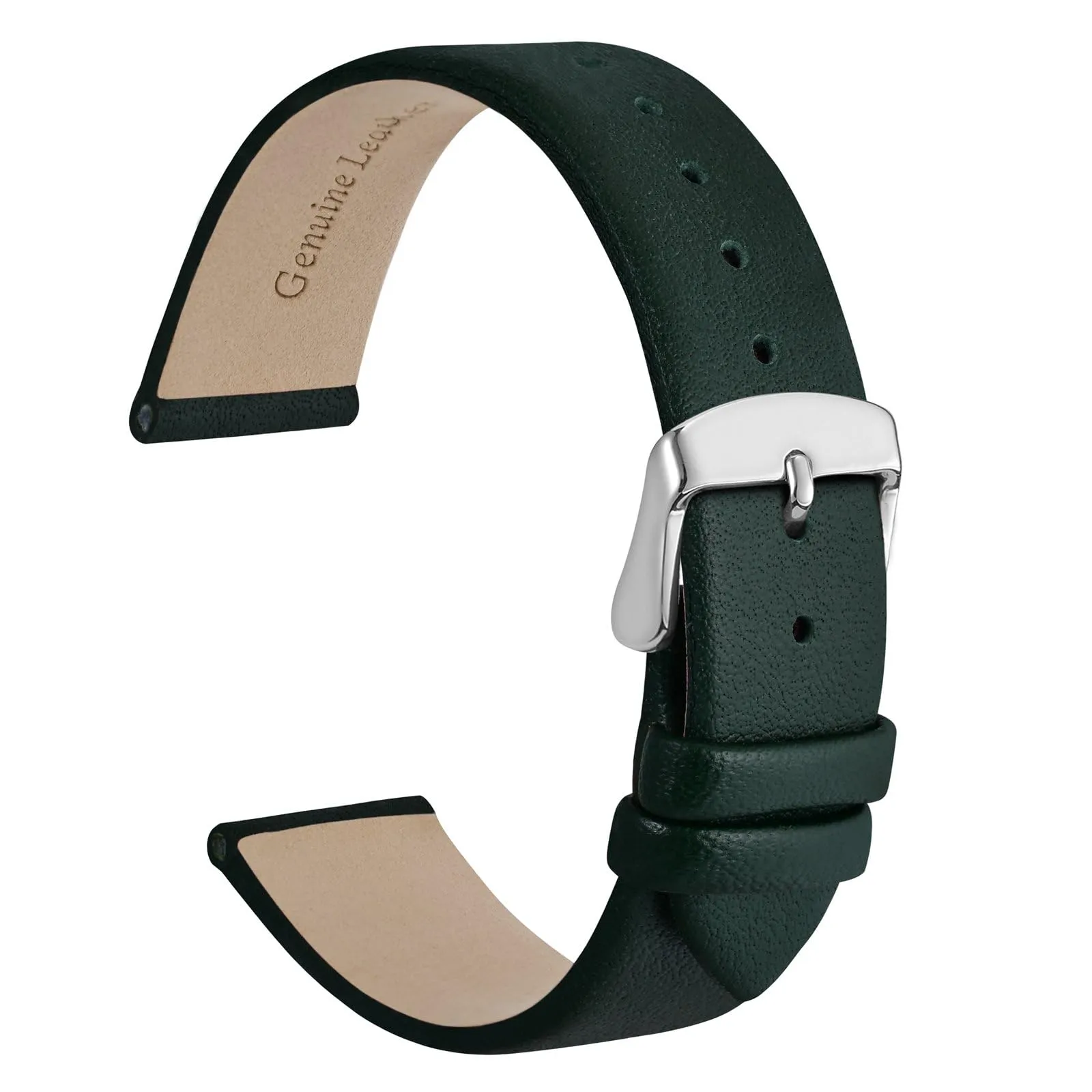WOCCI Cinturino per Orologio in Vera Pelle 14mm - Verde Scuro con Fibbia Argento - immagine 1